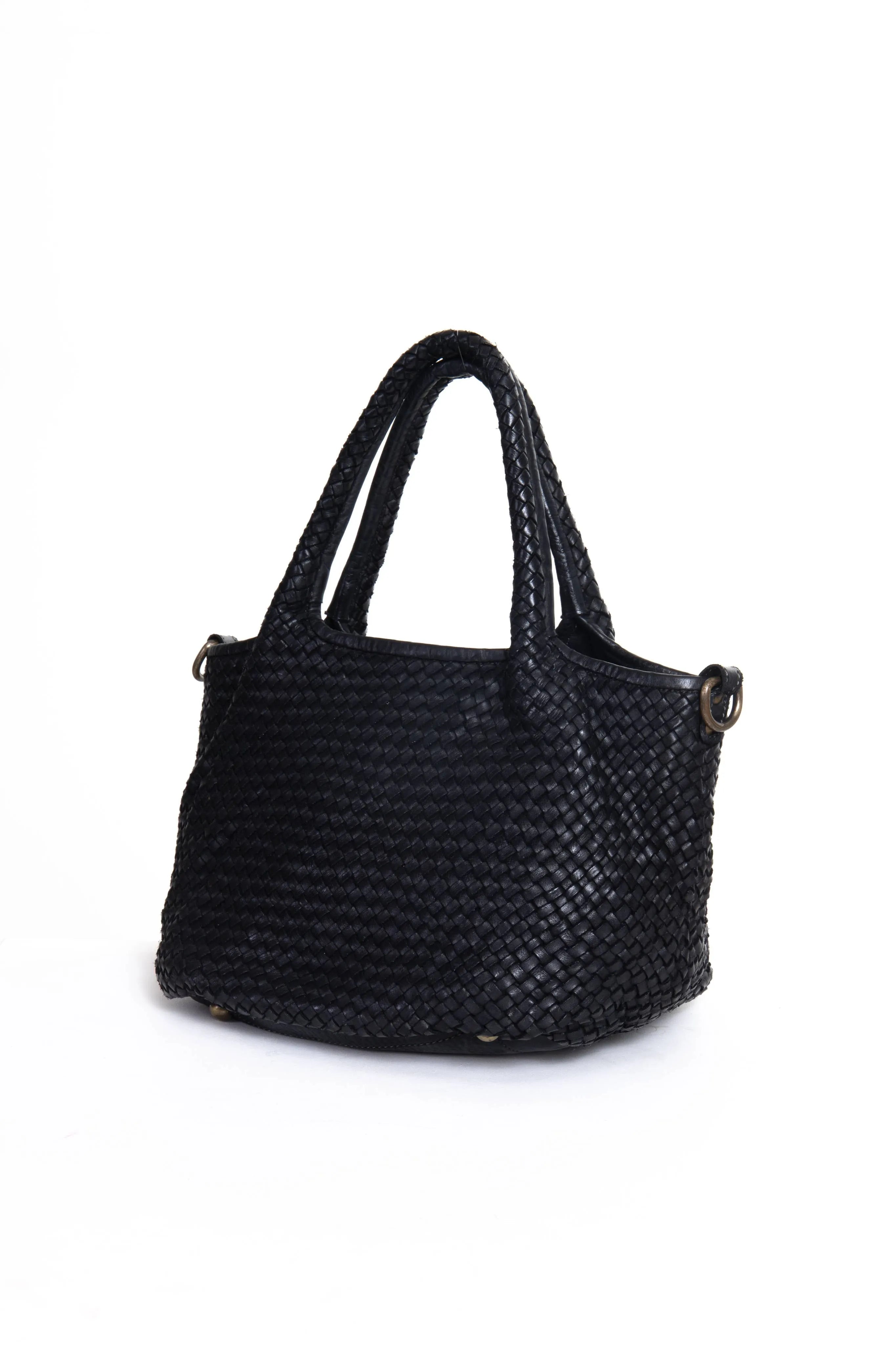 Borsa tote Tuscan Weave in pelle intrecciata colore verde vista laterale
