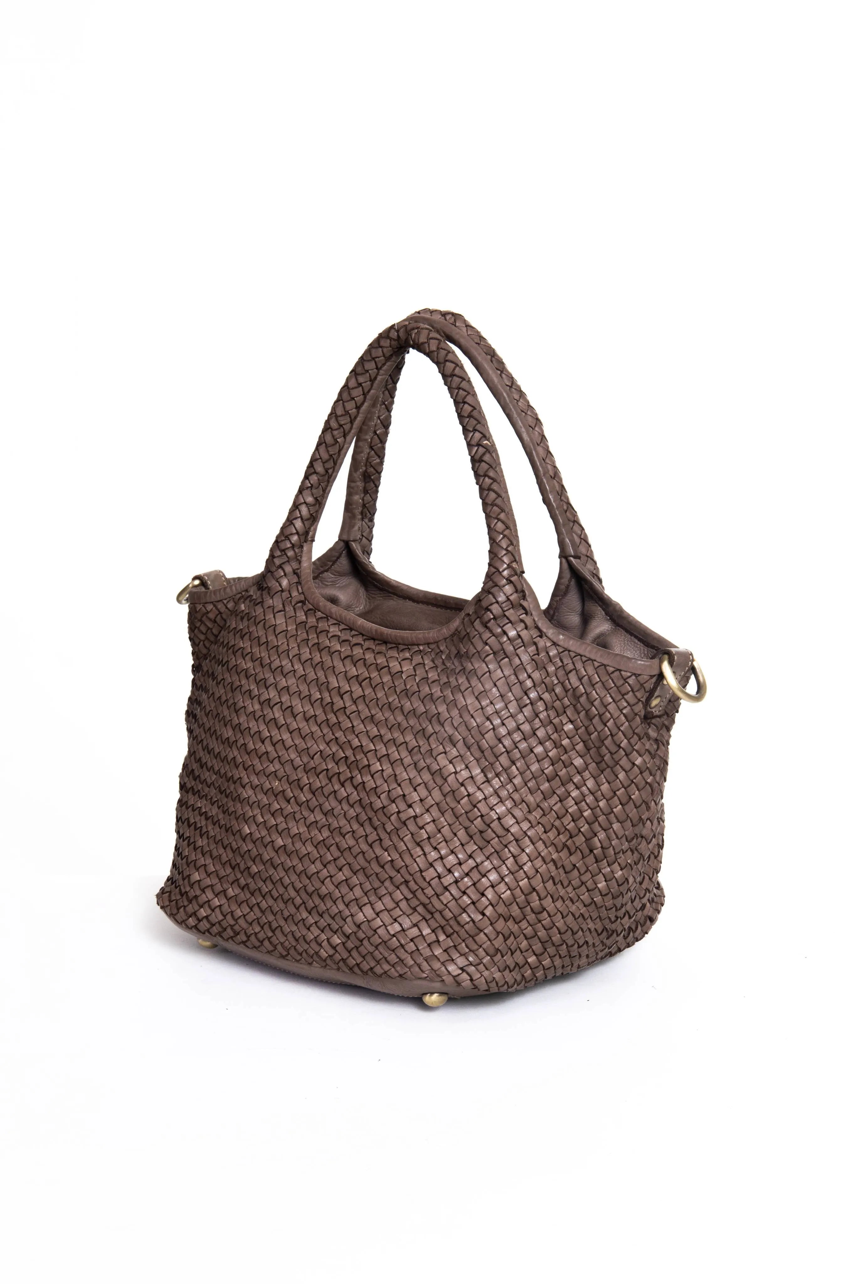 Borsa tote Tuscan Weave in pelle intrecciata colore taupe vista laterale
