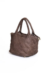 Borsa tote Tuscan Weave in pelle intrecciata colore taupe vista laterale