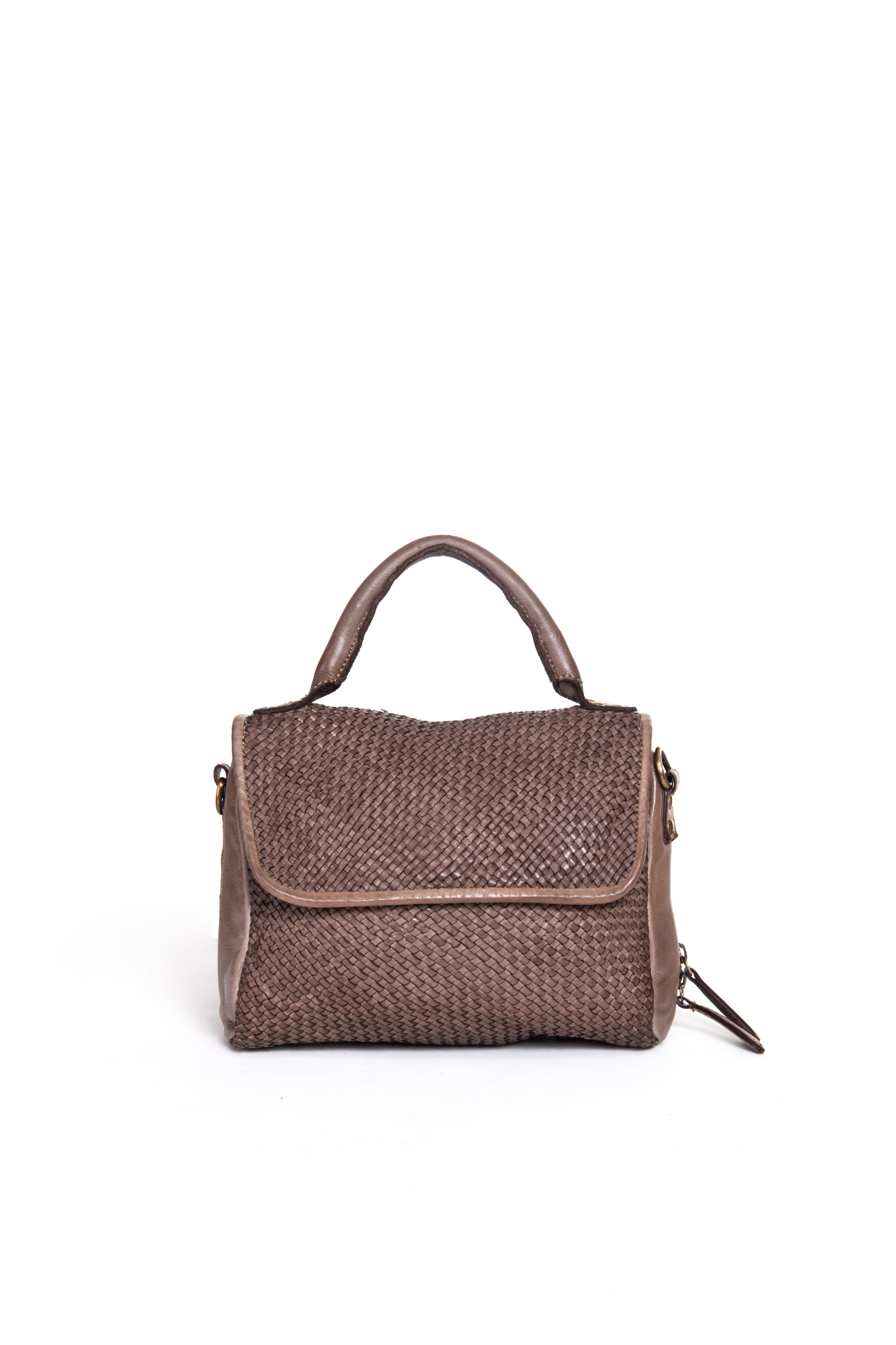 Borsa a mano in pelle intrecciata colore brown vista frontale