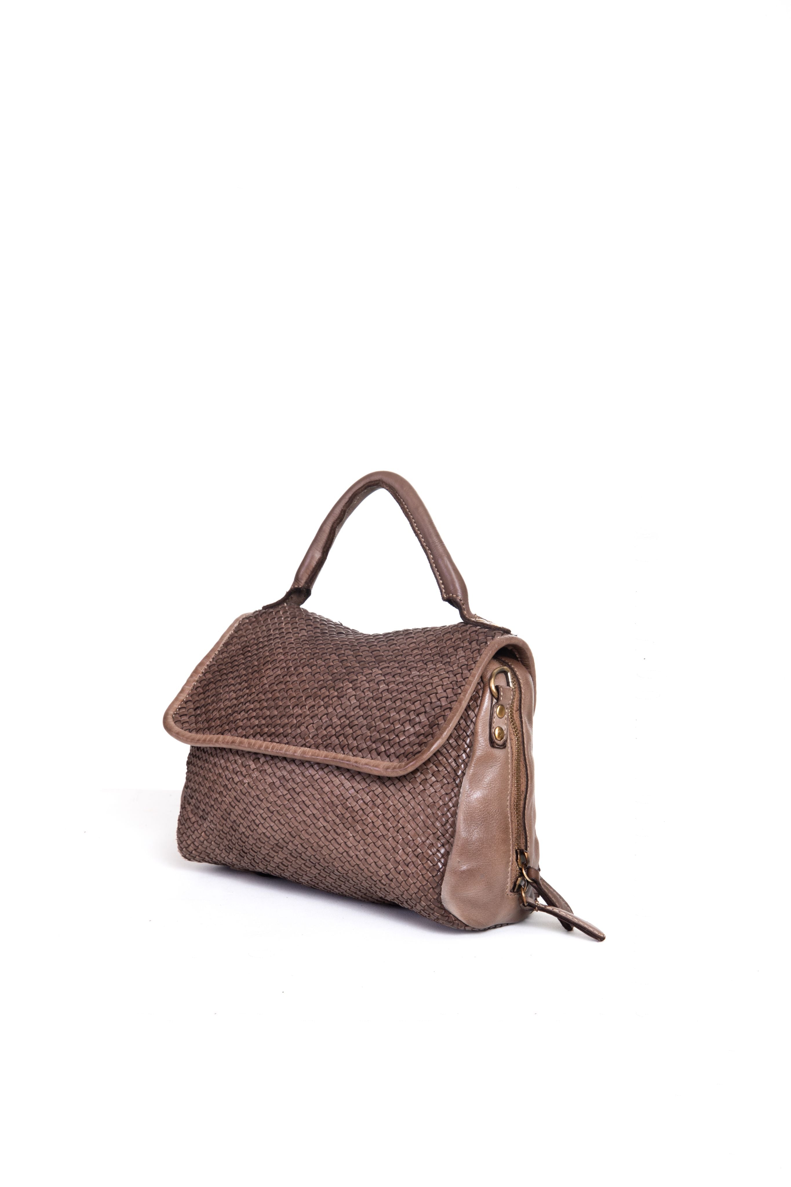 Borsa a mano in pelle intrecciata colore brown vista laterale