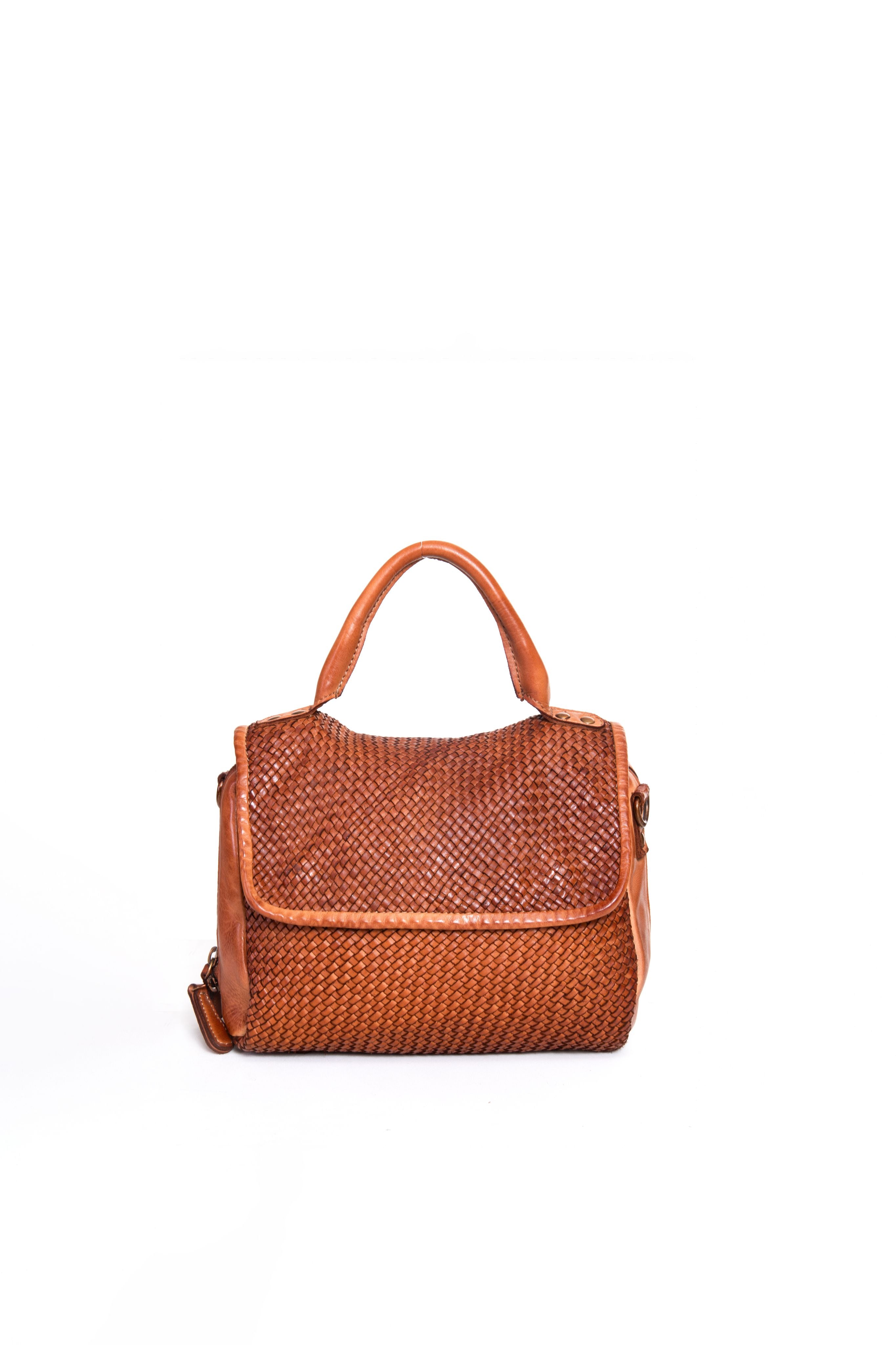 Borsa a mano in pelle intrecciata colore cuoio vista frontale