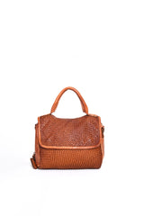 Borsa a mano in pelle intrecciata colore cuoio vista frontale