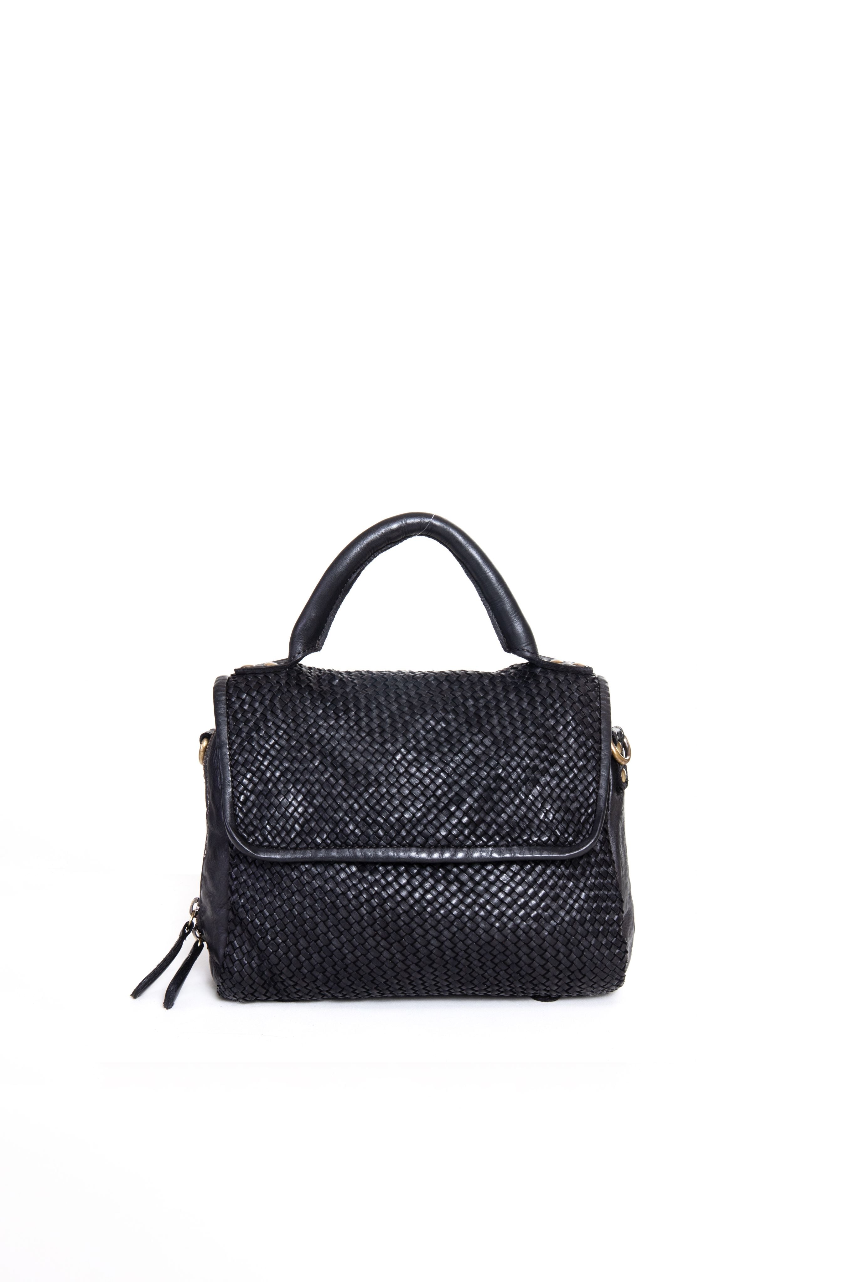 Borsa a mano in pelle intrecciata colore nero vista frontale
