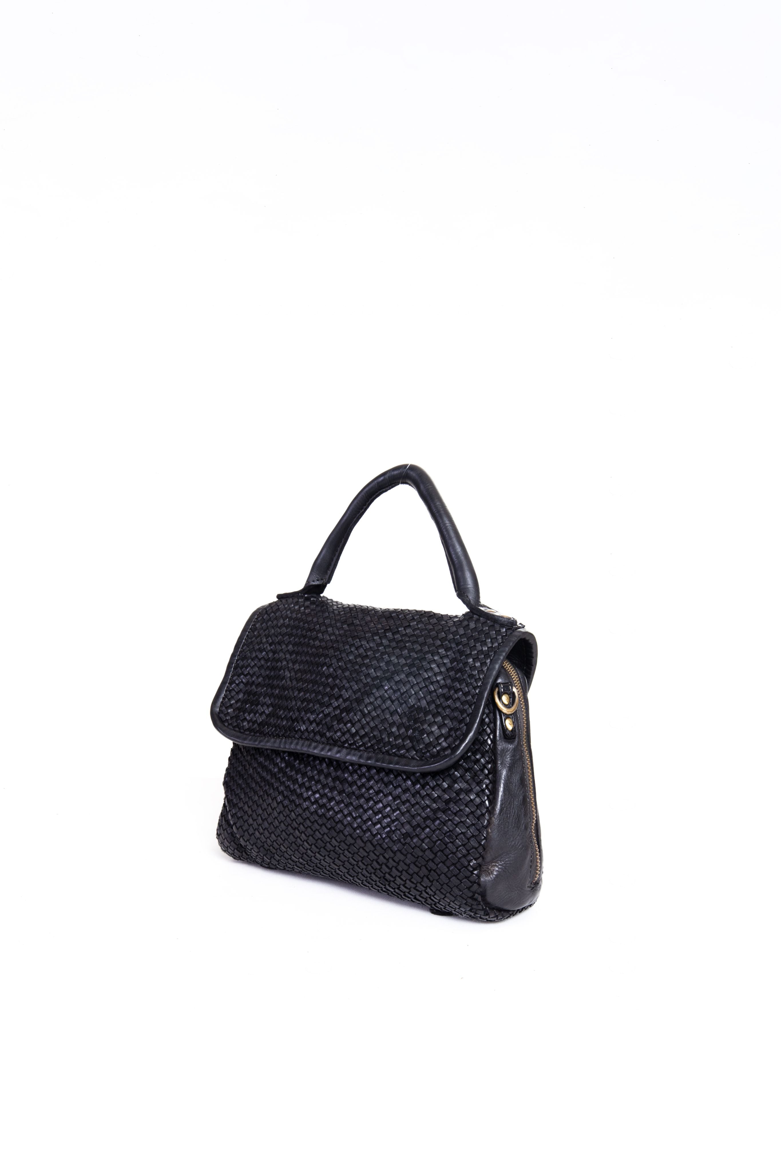 Borsa a mano in pelle intrecciata colore nero vista laterale