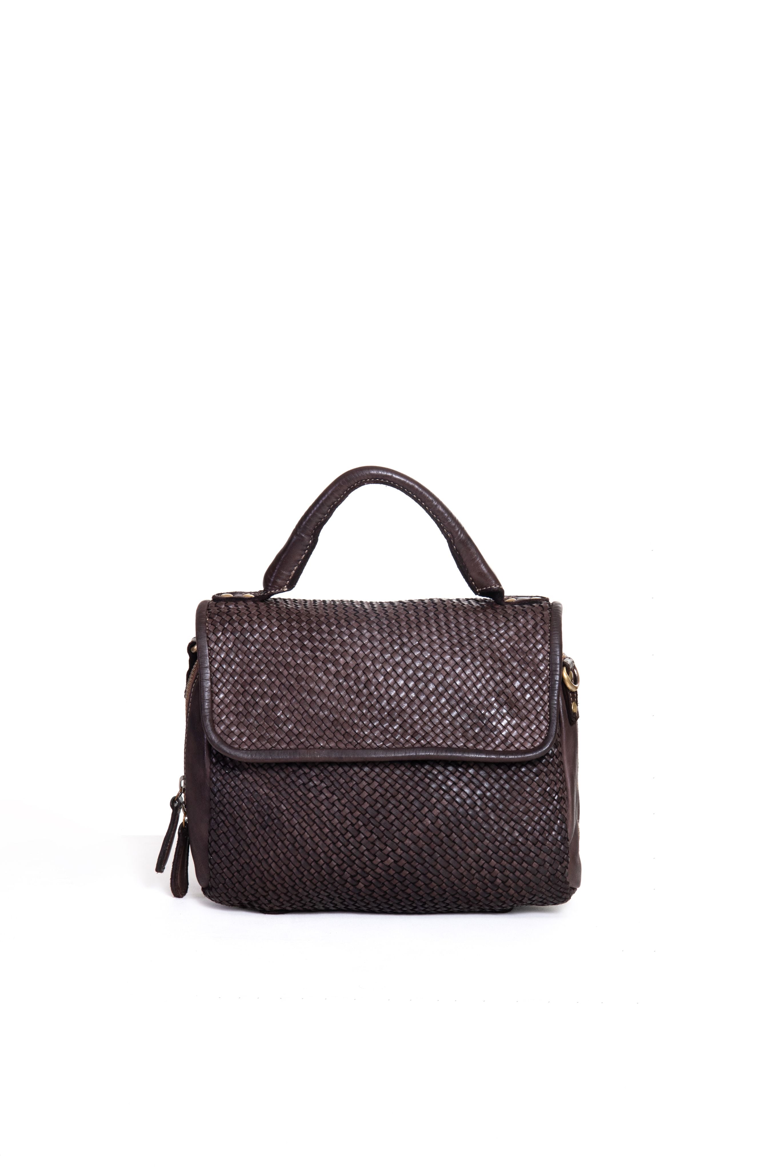 Borsa a mano in pelle intrecciata colore taupe vista frontale