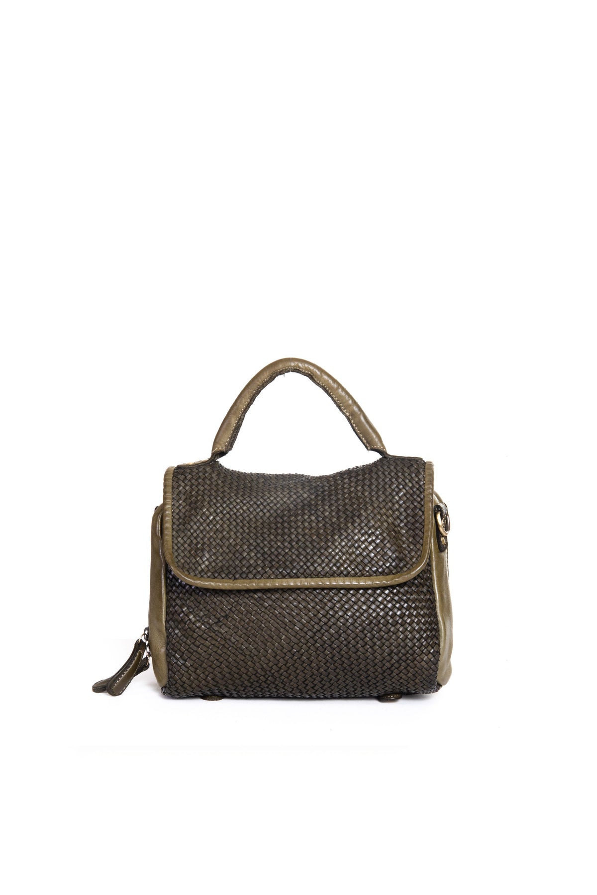 Borsa a mano in pelle intrecciata colore verde vista frontale