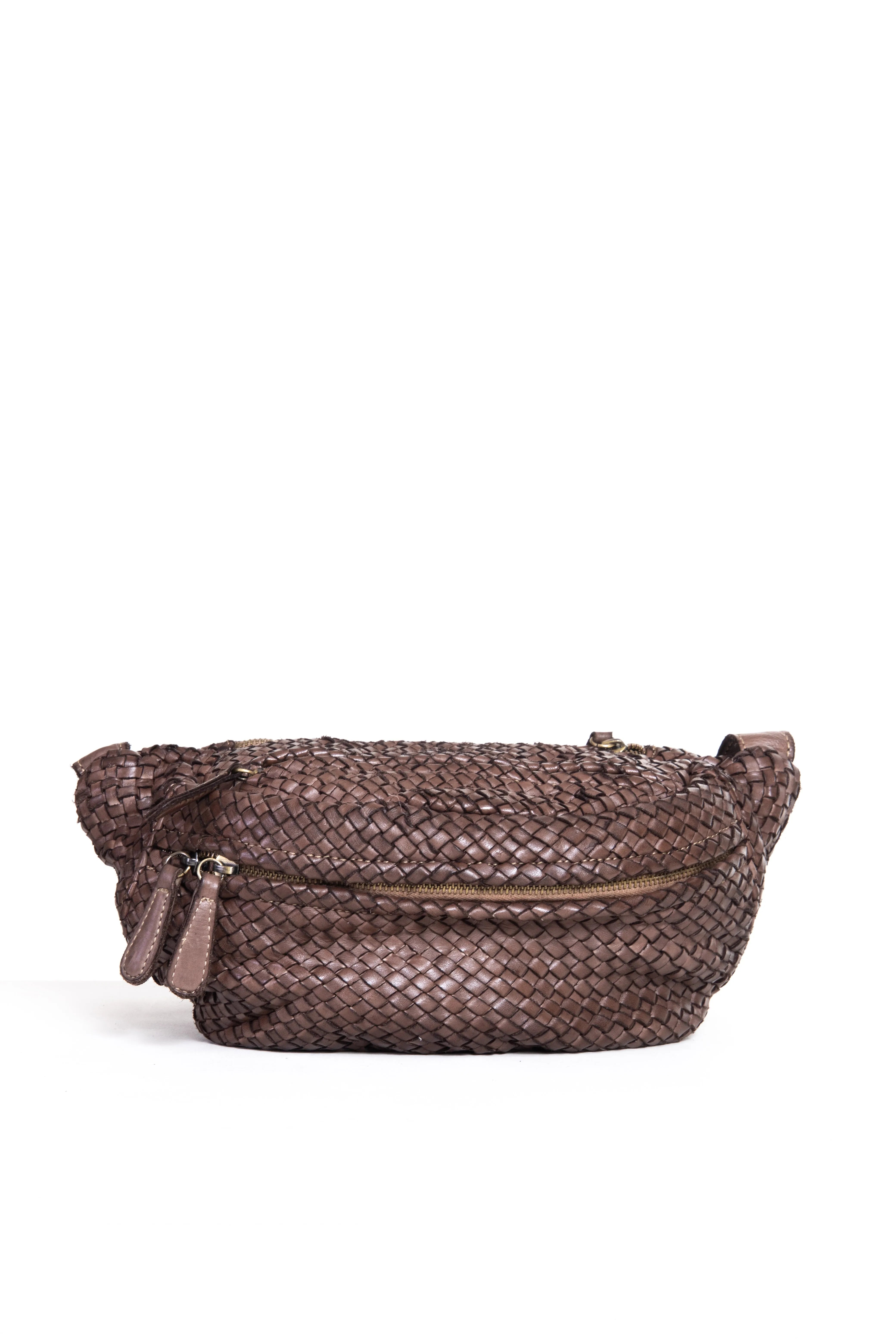 Borsa a tracolla donna in pelle intrecciata color taupe vista frontale