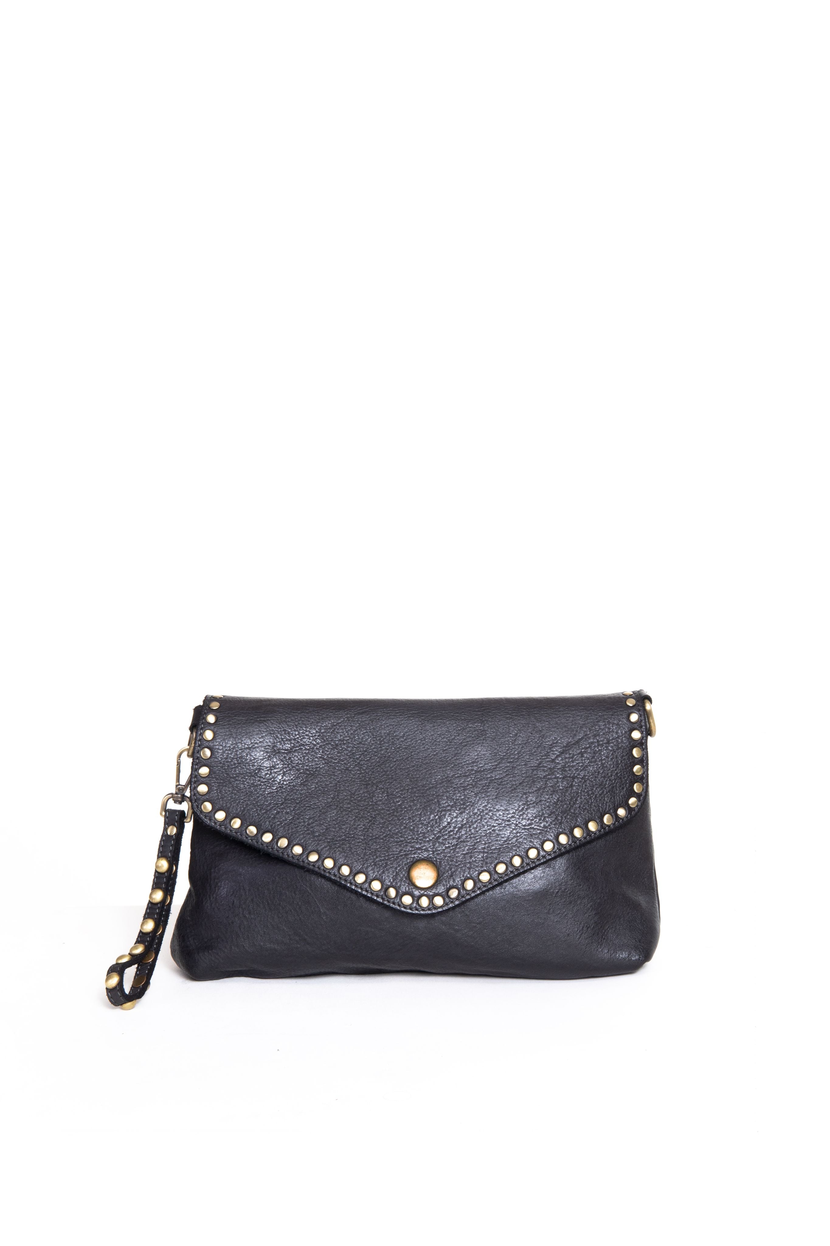 La Busta, pochette donna in pelle nera con borchie, vista frontale