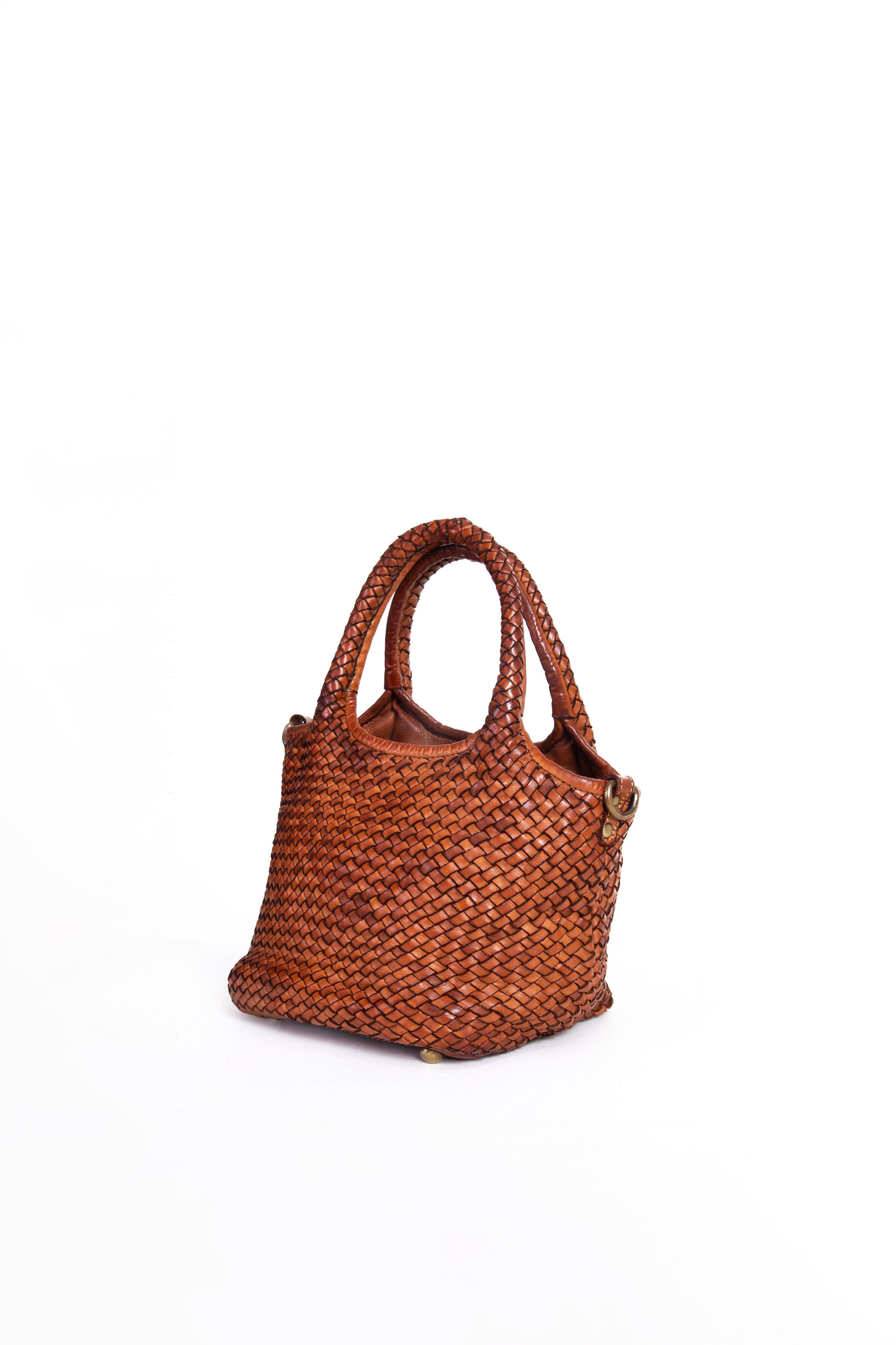 La Nora mini borsa a mano in pelle intrecciata cuoio vista laterale