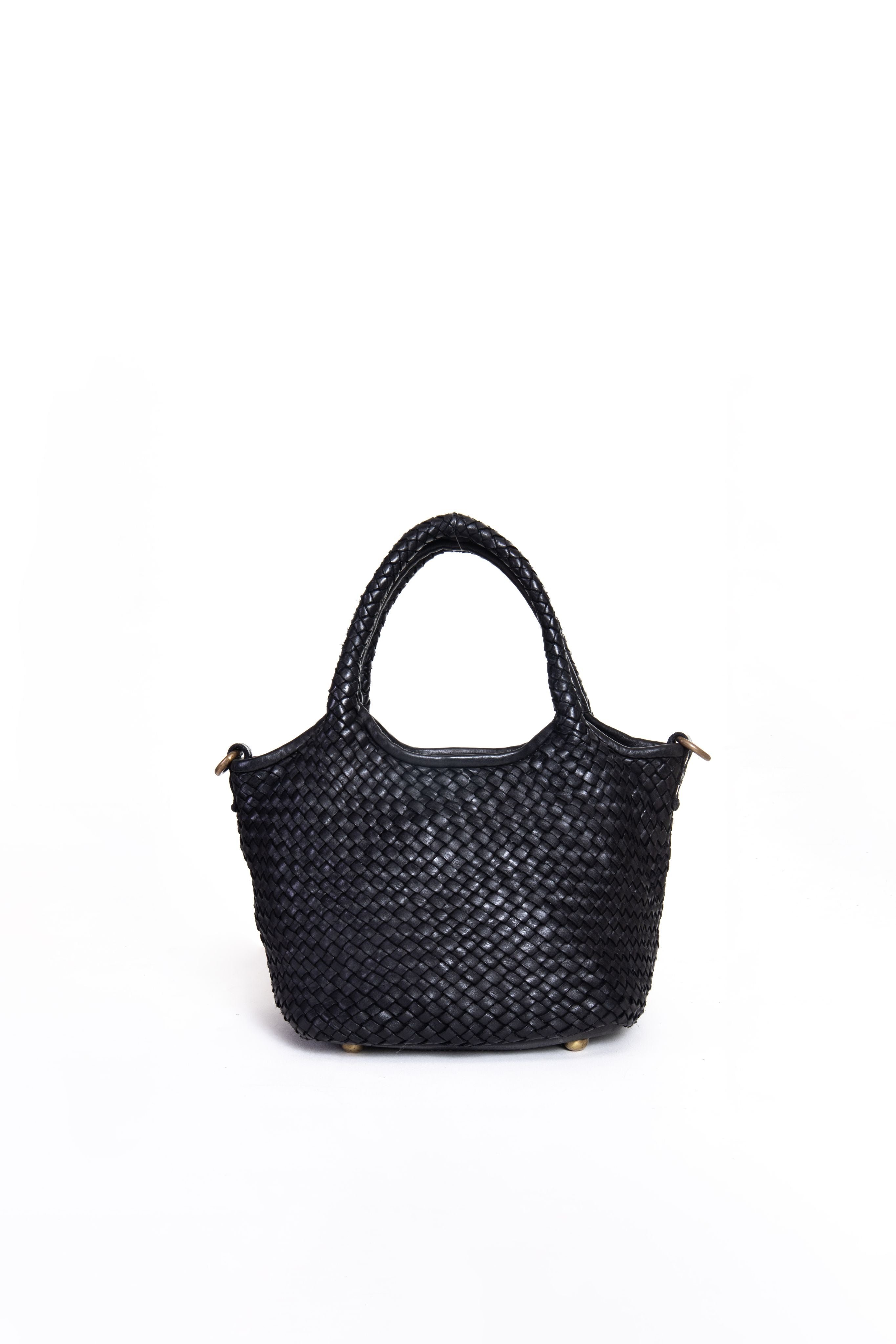 La Nora mini borsa a mano in pelle intrecciata nera vista frontale
