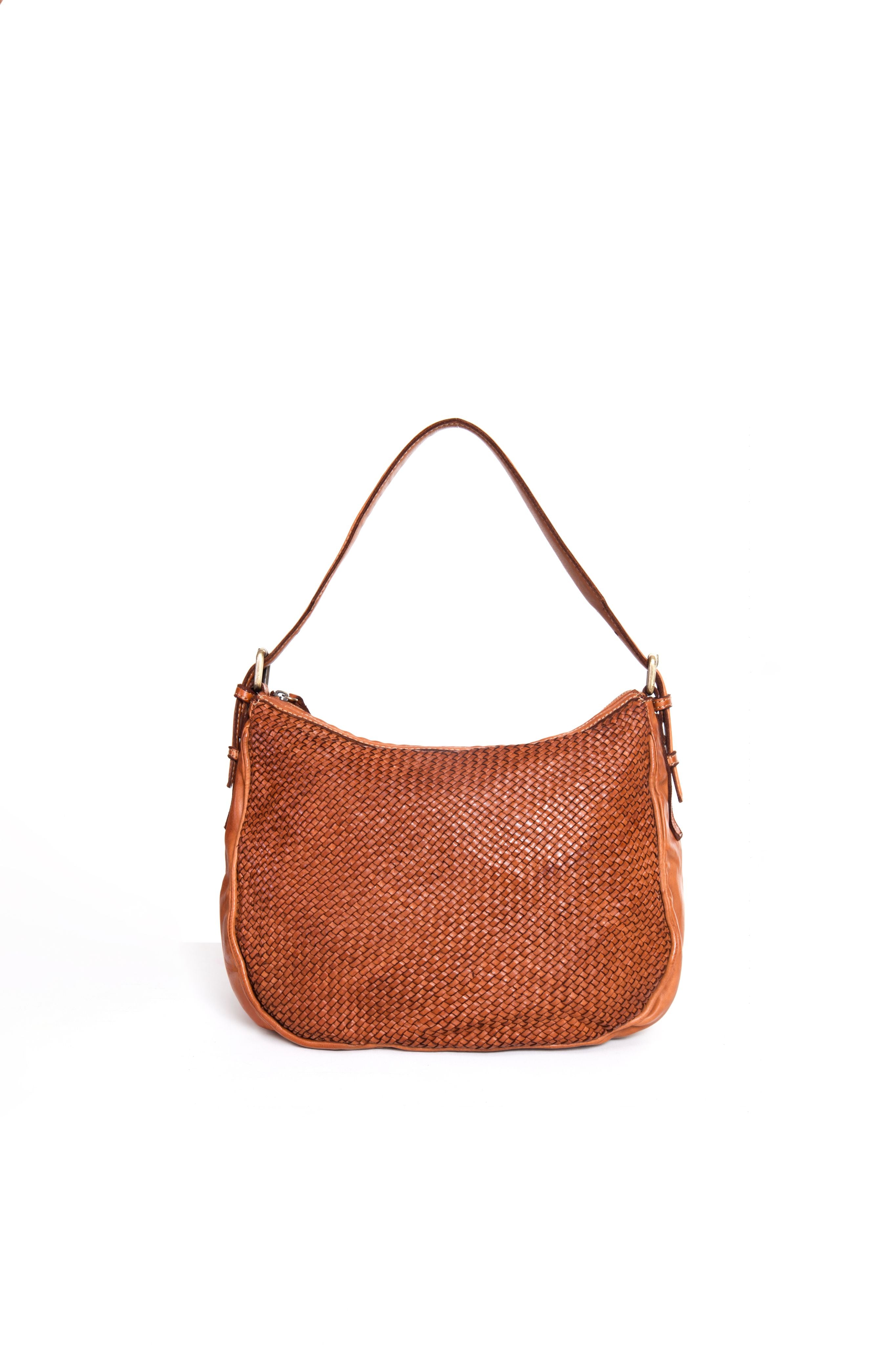 Borsa a tracolla donna intrecciata La Rosa color cuoio vista frontale