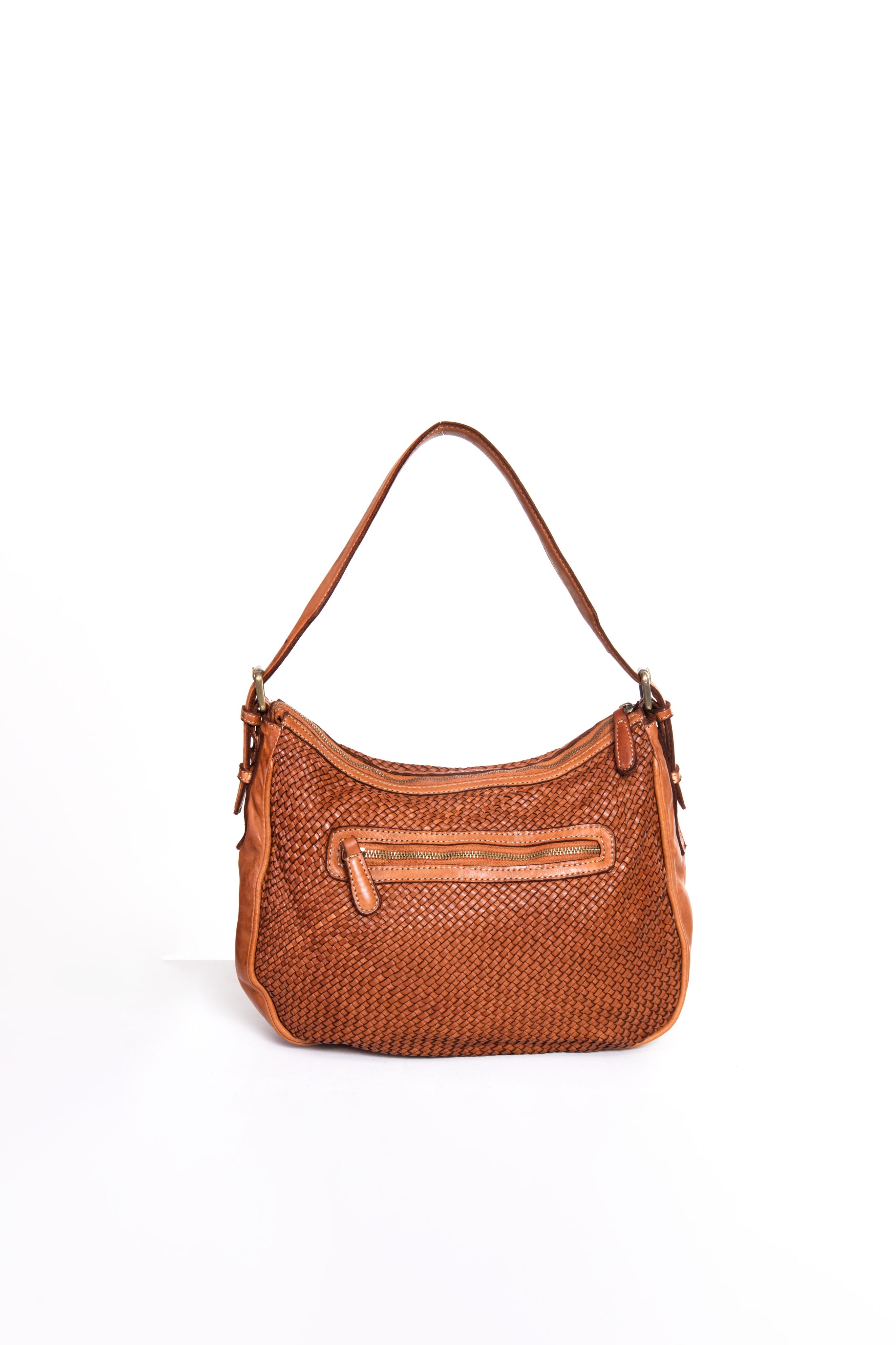 Retro borsa a tracolla intrecciata La Rosa color cuoio con tasca zip