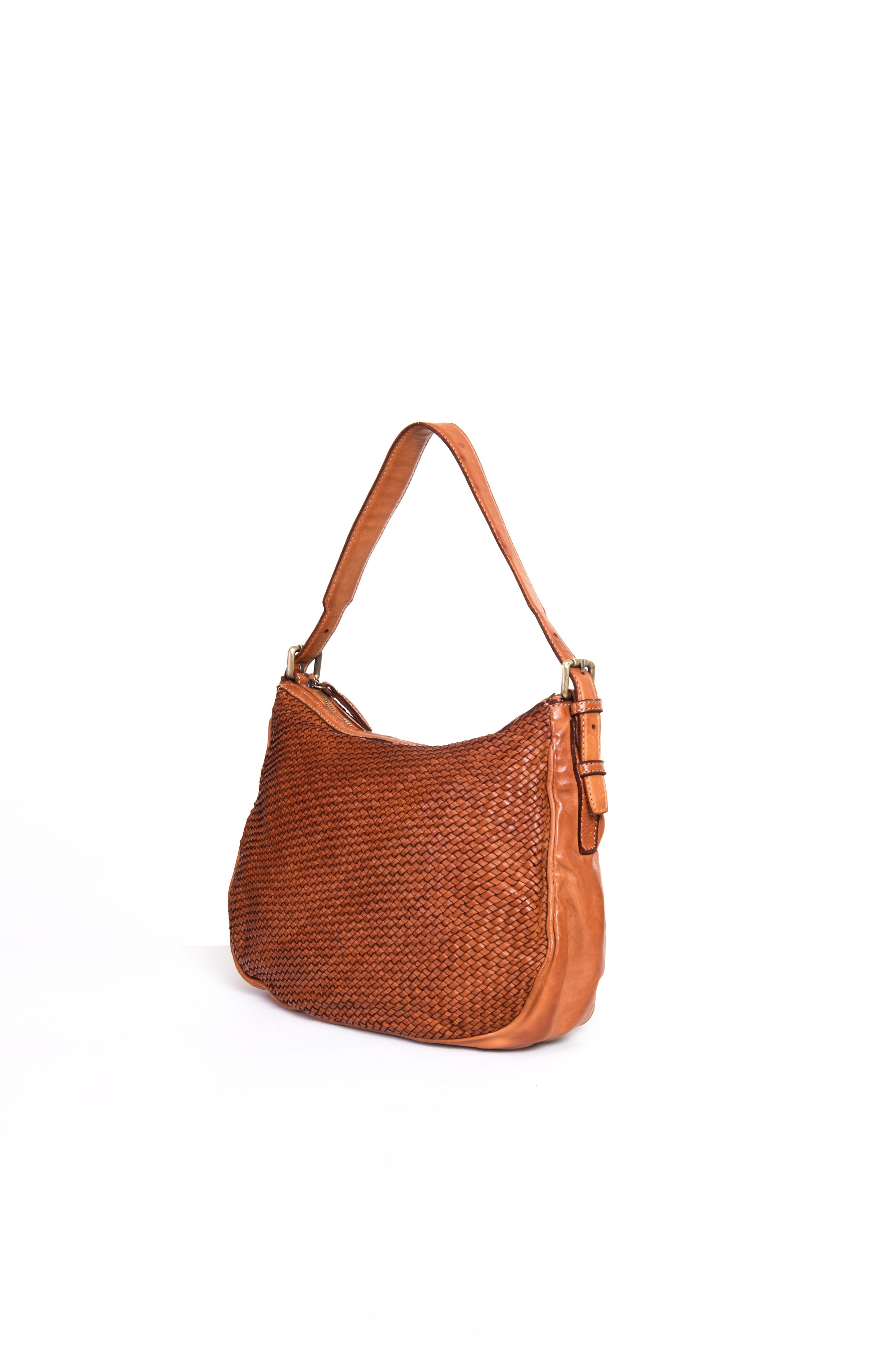 Borsa a tracolla donna intrecciata La Rosa color cuoio vista laterale
