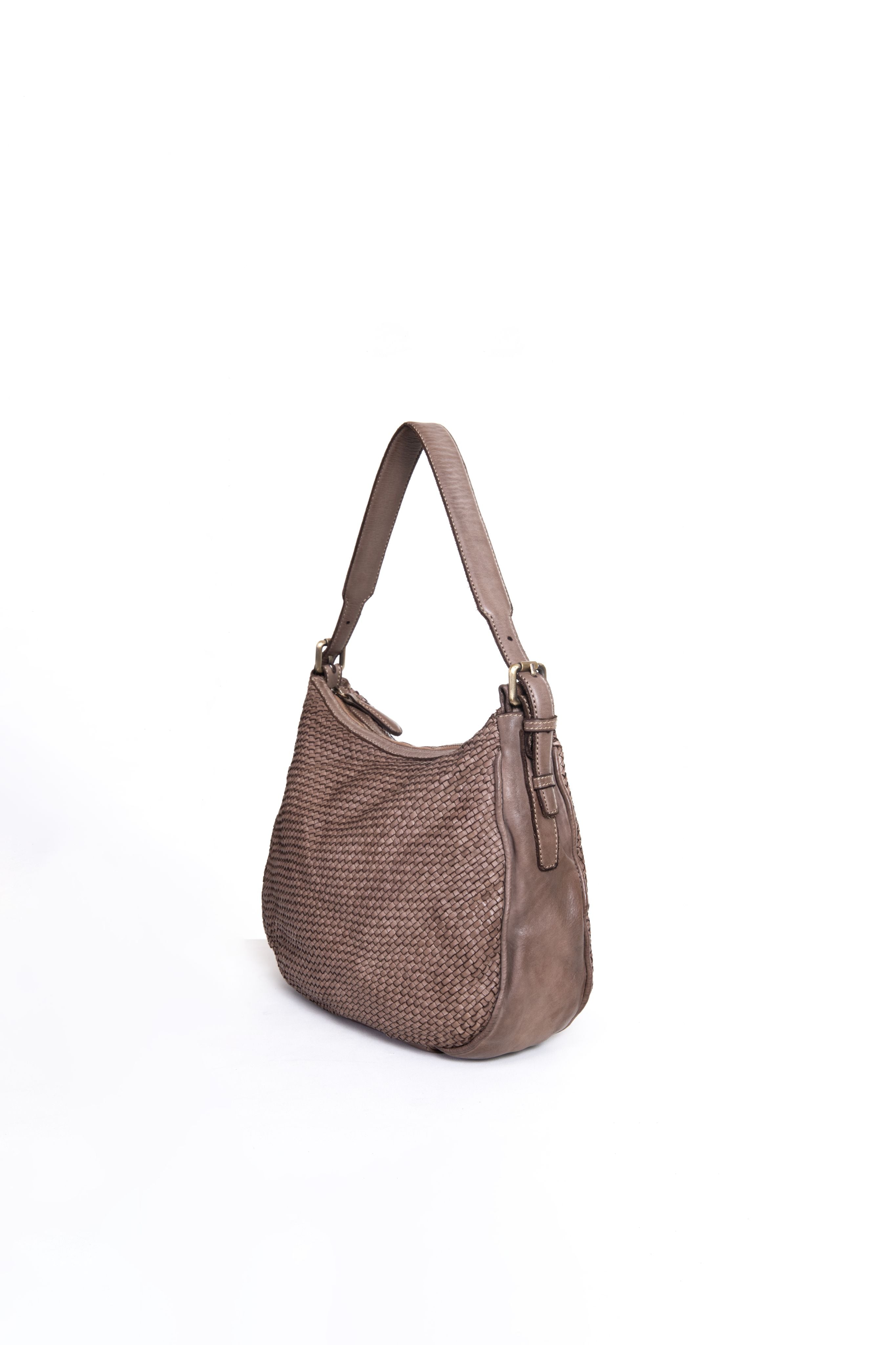 Borsa a tracolla donna intrecciata La Rosa color taupe vista laterale