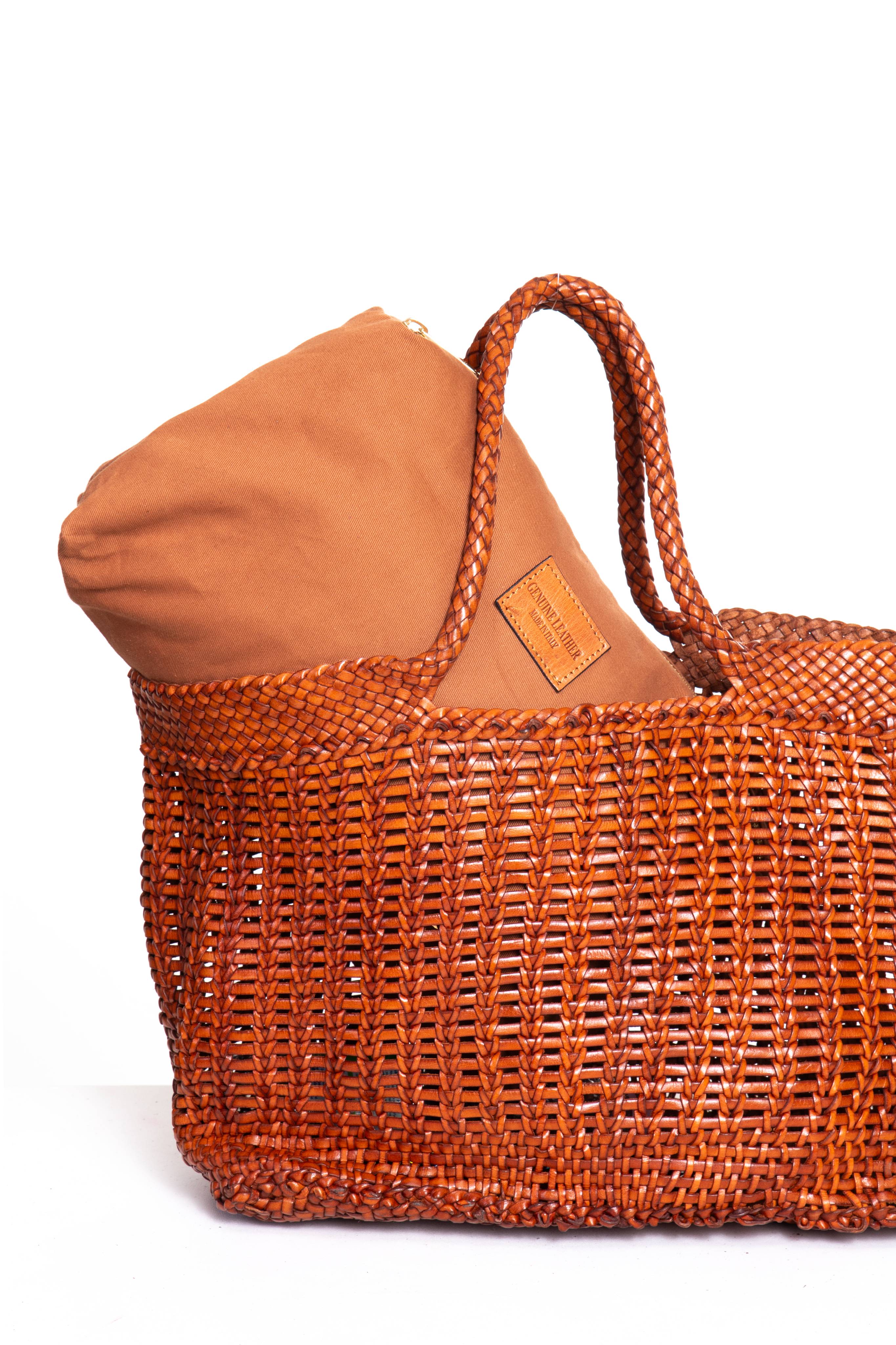 Borsa tote intrecciata La Toscana in pelle color cuoio, vista frontale