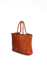 Borsa tote intrecciata La Toscana in pelle color cuoio, vista laterale