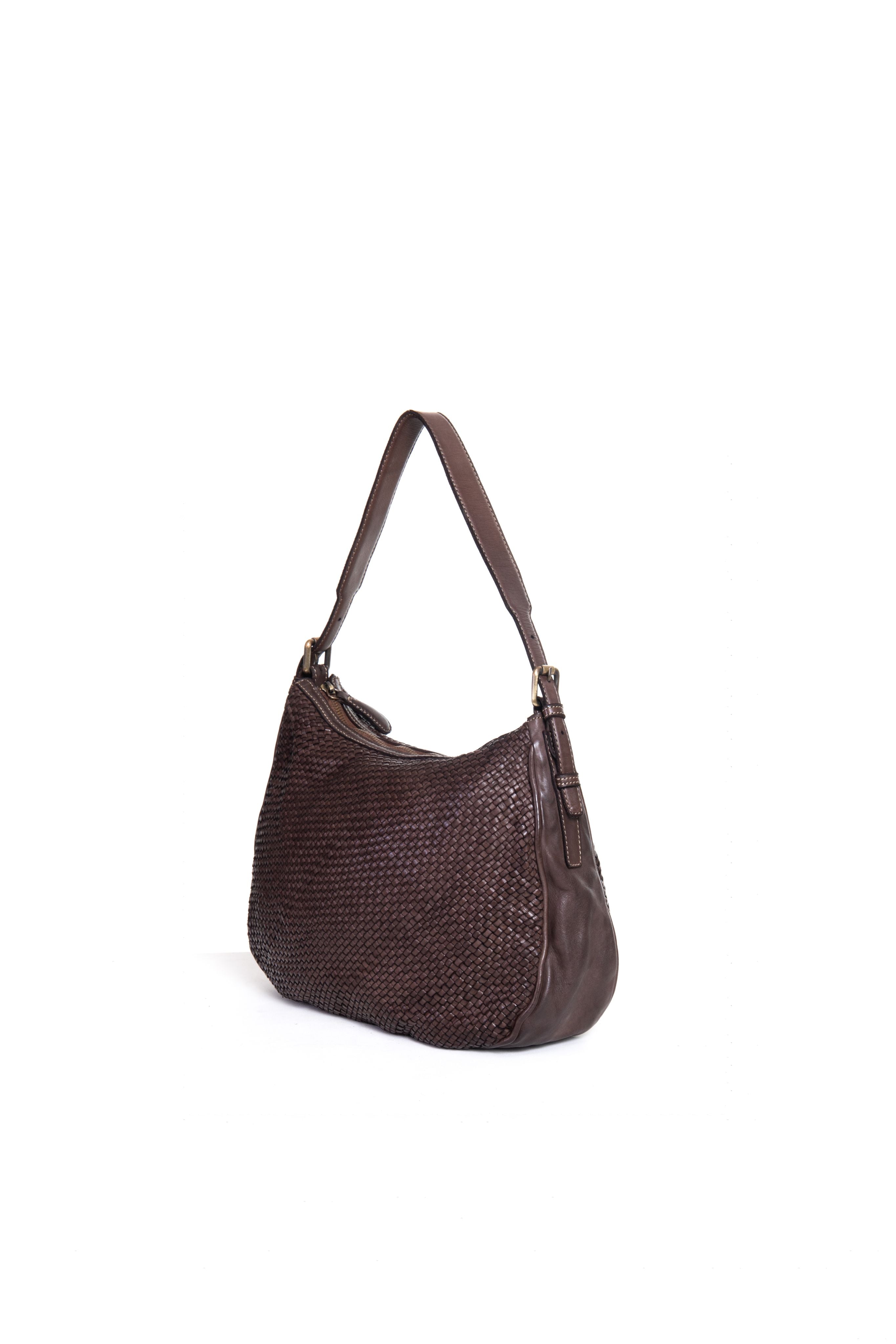 Borsa a tracolla donna intrecciata La Rosa color marrone vista laterale