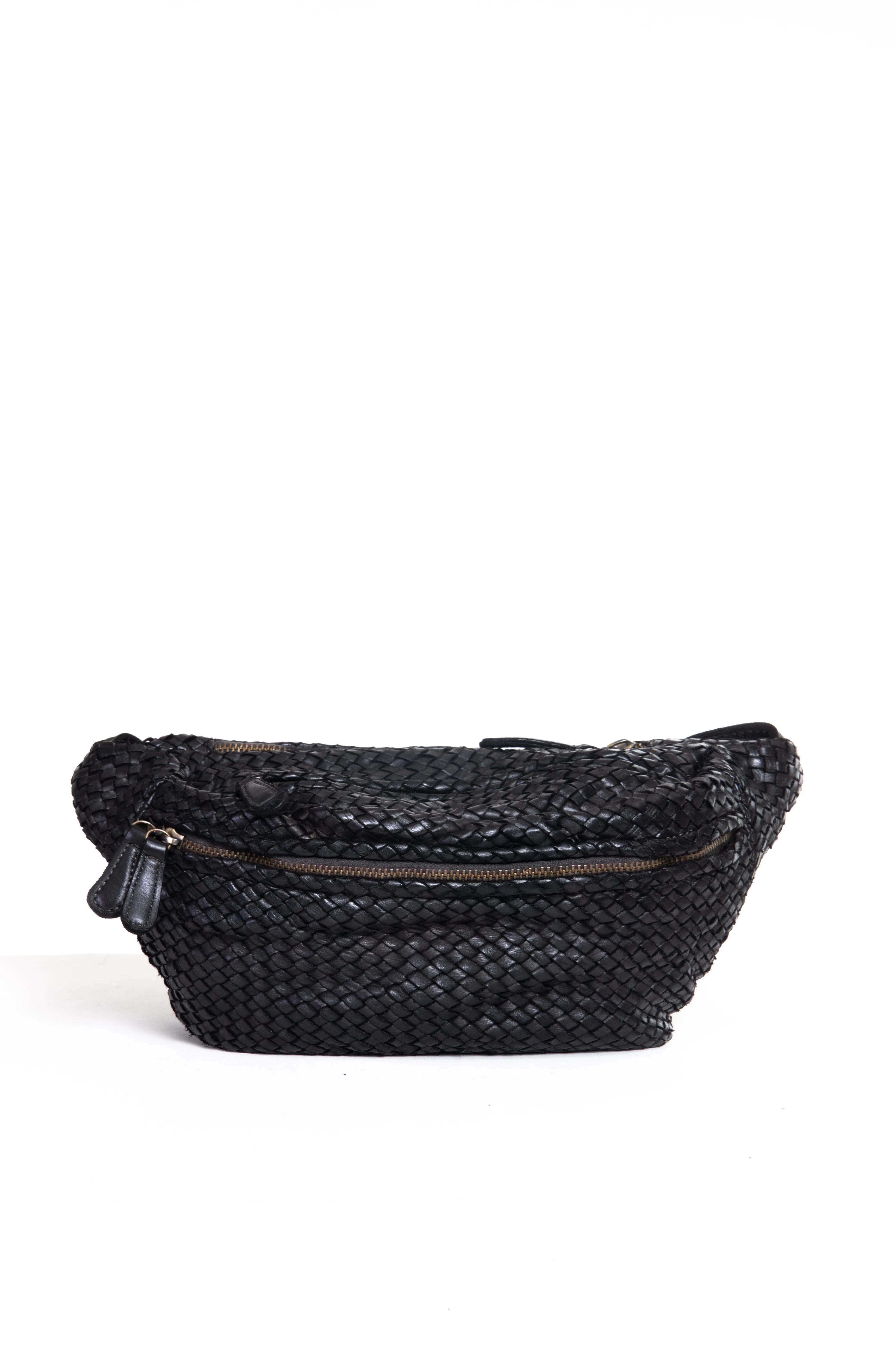 Borsa a tracolla in pelle intrecciata color nero vista frontale