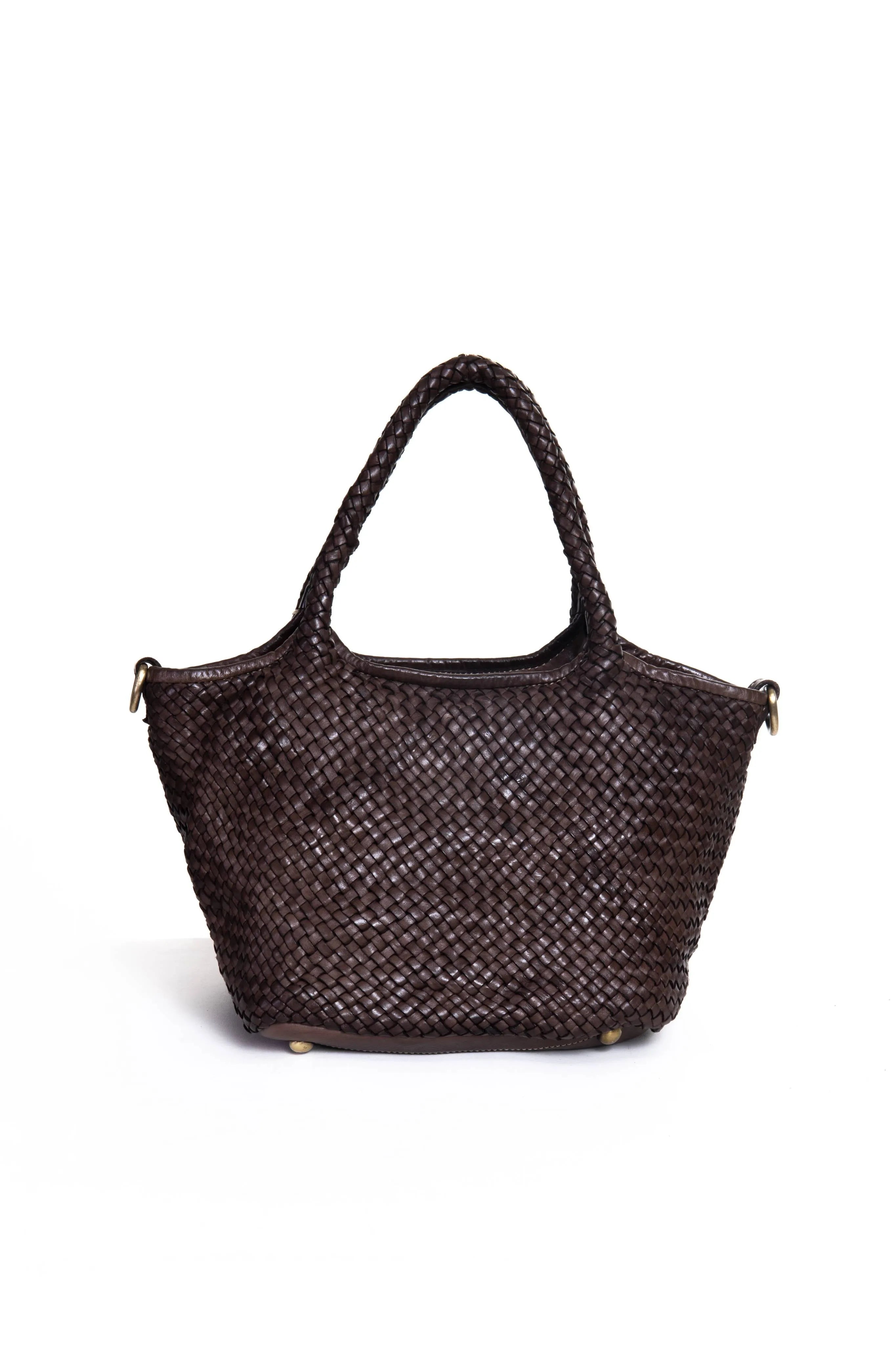 Borsa tote Tuscan Weave in pelle intrecciata colore brown vista frontale