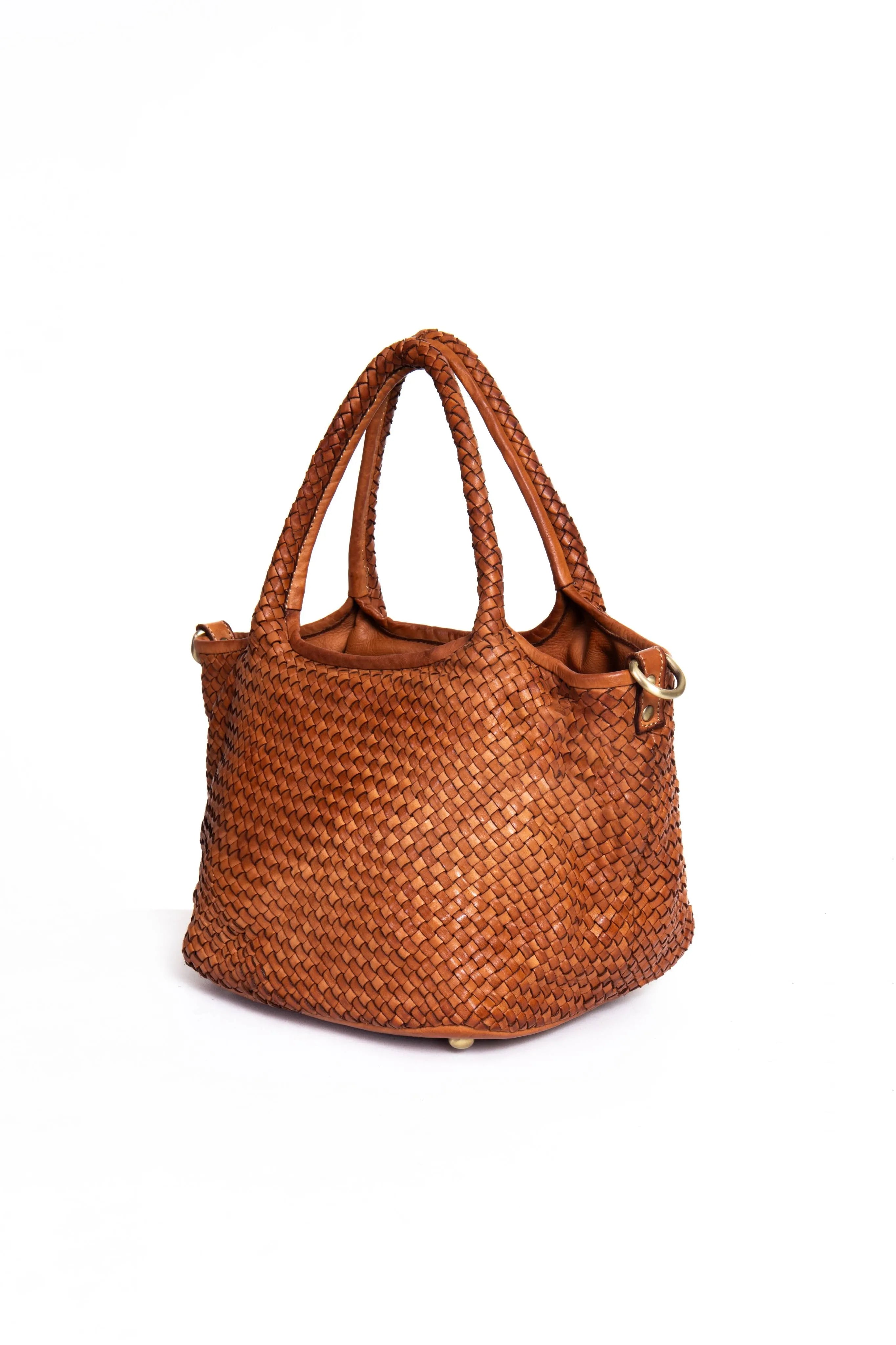 Borsa tote Tuscan Weave in pelle intrecciata colore cuoio vista laterale