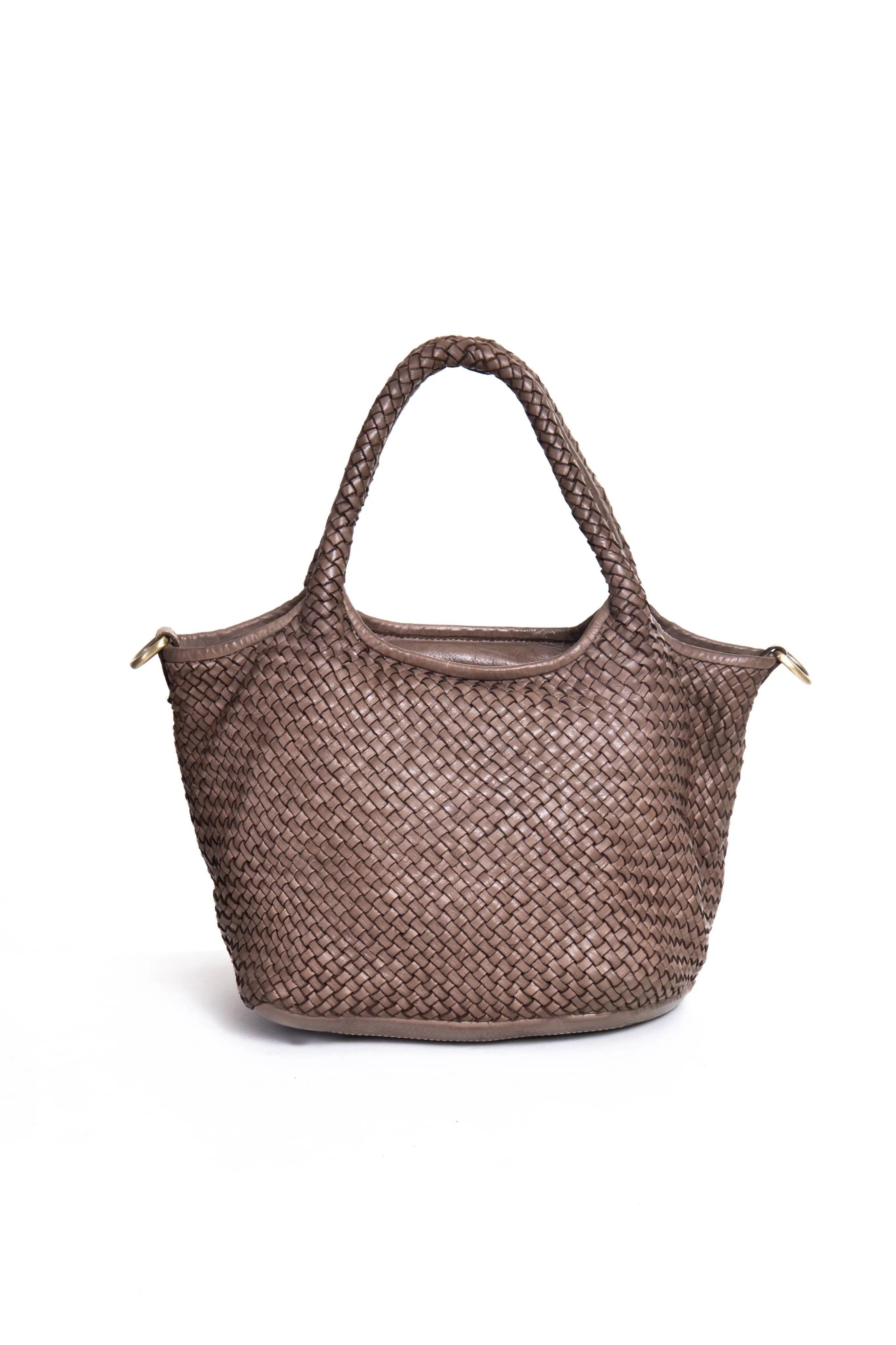 Borsa tote Tuscan Weave in pelle intrecciata colore taupe vista frontale